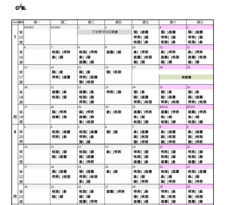 2026中華職棒7-8月賽程